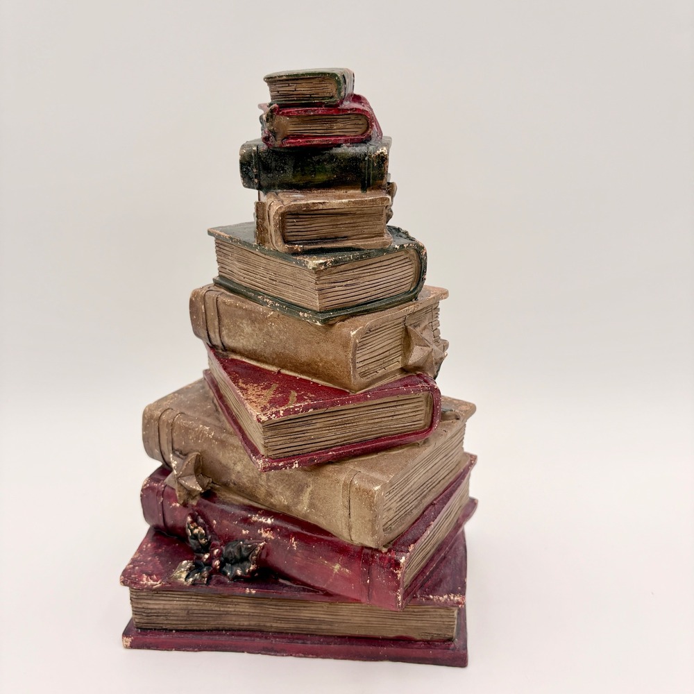Vintage Style Stack of Books Christmas Figurine Holiday Holly Berry Resin Decor
